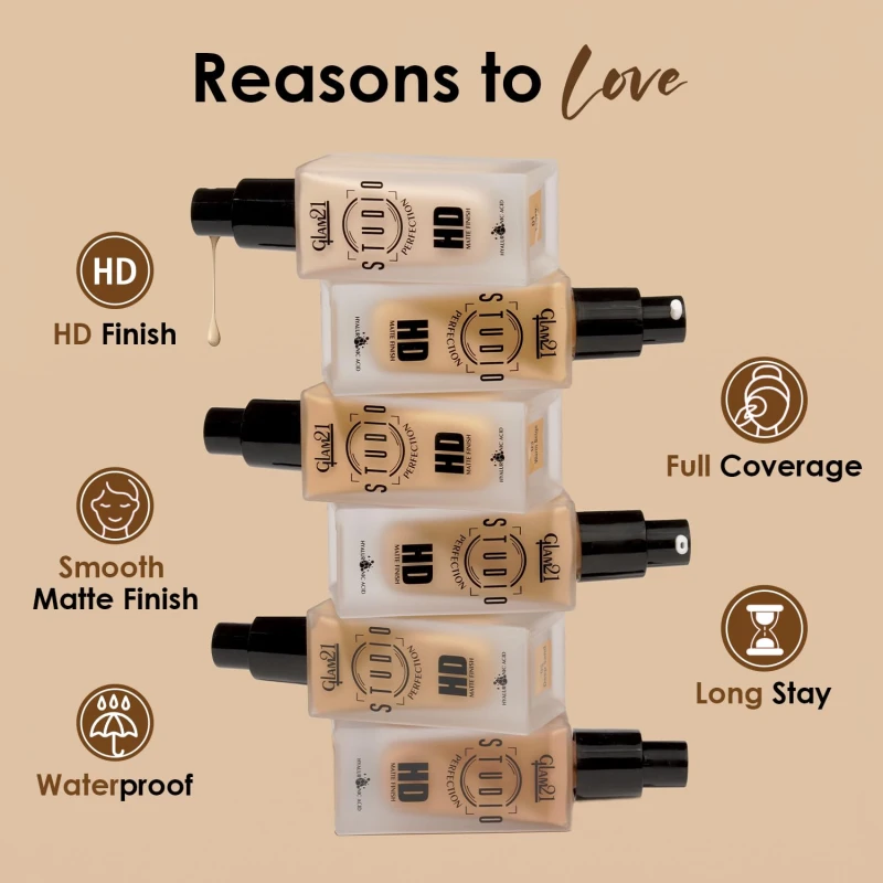 Glam21 Studio Perfection HD Matte Foundation - Matte Finish | Full Coverage Blendable | Long-Lasting Wear &amp; Waterproof | Hyaluronic Acid Infusion | Oil Control - For Normal Skin - Deep Sand 30ml thumbnail 6