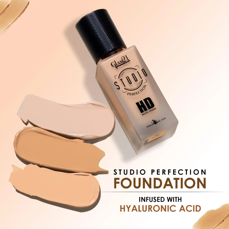 Glam21 Studio Perfection HD Matte Foundation - Matte Finish | Full Coverage Blendable | Long-Lasting Wear &amp; Waterproof | Hyaluronic Acid Infusion | Oil Control - For Normal Skin - Deep Sand 30ml thumbnail 7