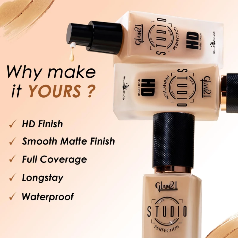 Glam21 Studio Perfection HD Matte Foundation - Matte Finish | Full Coverage Blendable | Long-Lasting Wear &amp; Waterproof | Hyaluronic Acid Infusion | Oil Control - For Normal Skin - Ivory 30ml thumbnail 3