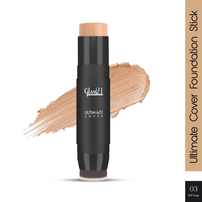 Glam21 Ultimate Cover Foundation Stick | Face Foundation Stick with In-Built Brush | WaterProof, Long Lasting Formula &amp; Natural Matte Finish | For All Skin Tone | 8gm| 03-Soft Beige thumbnail 2
