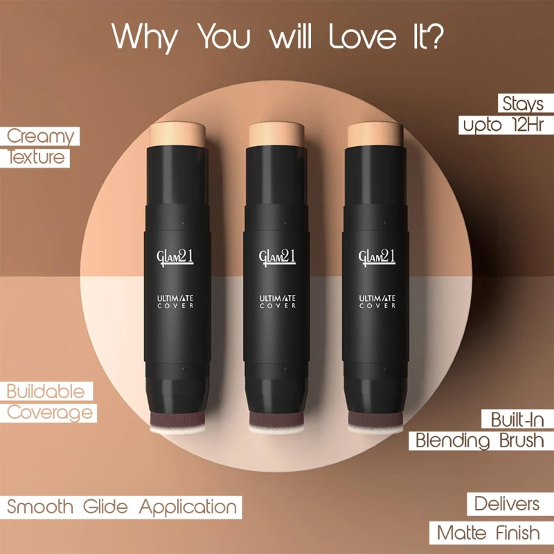 Glam21 Ultimate Cover Foundation Stick | Face Foundation Stick with In-Built Brush | WaterProof, Long Lasting Formula &amp; Natural Matte Finish | For All Skin Tone | 8gm| 03-Soft Beige thumbnail 3