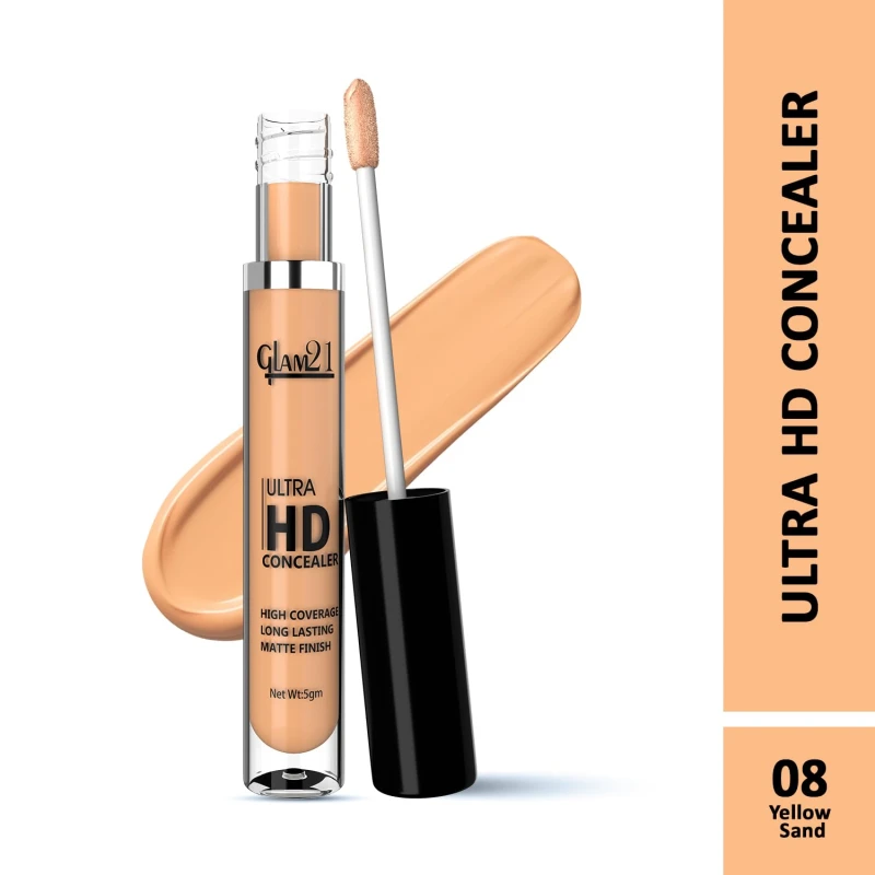 Glam21 Ultra HD Liquid Concealer for HD Finish | Non-sticky Long-lasting Matte Finish | | Easy-gliding Applicator | Hide Pores, Skin Acne, Scars, Blemishes | 5gm, Yellow Sand - Thumbnail 2