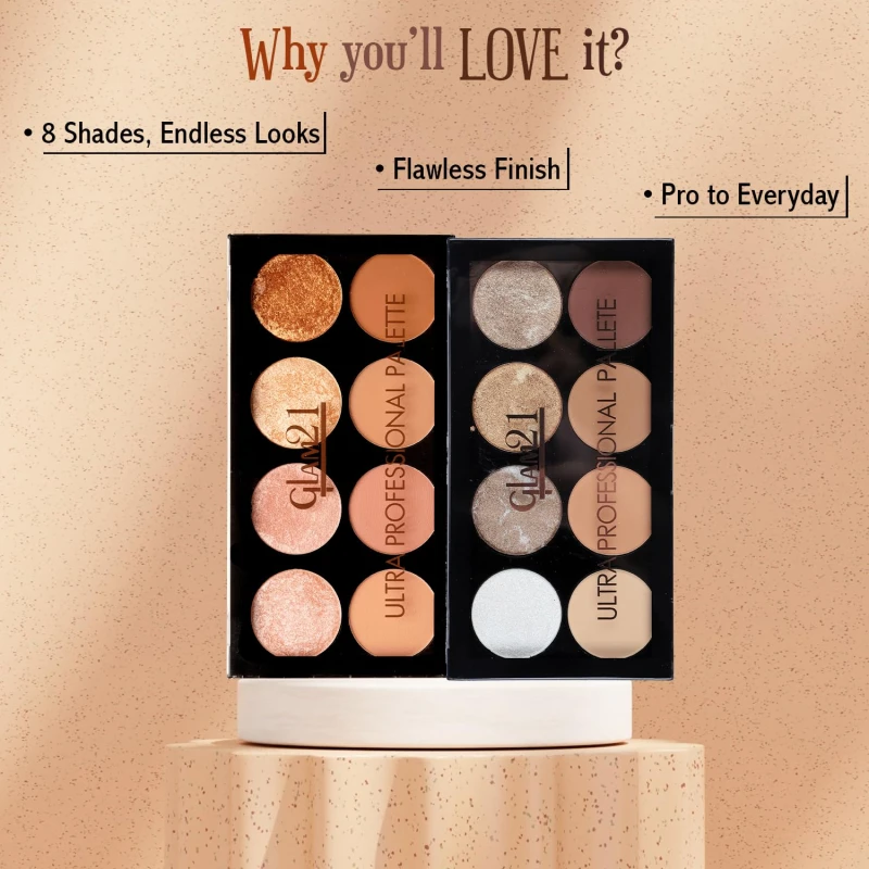 Glam21 Ultra Professional Baked Contour &amp; Highlighter Makeup Palette | 8 Versatile Shades for Sun-Kissed &amp; Shimmery Glow | Blendable, Long-Lasting Face Palette for Radiant| 21gm, Shade-01 - Thumbnail 4