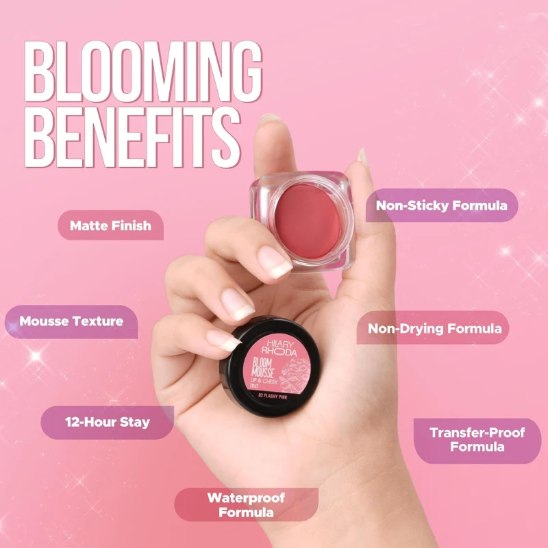 Hilary Rhoda Bloom Mousse Lip N Cheek Tint | Waterproof &amp; Smudge-Proof | 12-Hour Stay | Non-Drying Formula | Mousse Texture | Matte Finish - 6g (Pink Candy - Shade 01) thumbnail 5