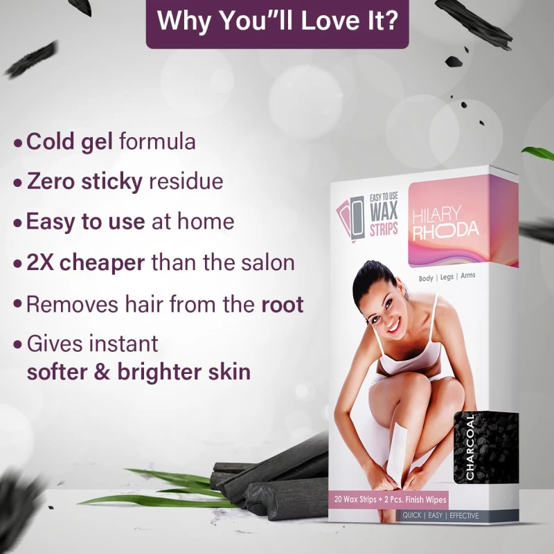 Hilary Rhoda Easy To Use Wax Strips | Gel Wax Hair Removal | Full Body Wax Strips for Arms,Legs &amp; Body | Salon Like Results at Home Wax Strips | With 2 Finish Wipes | 20 Strips (Charcoal - Shade 01) thumbnail 4
