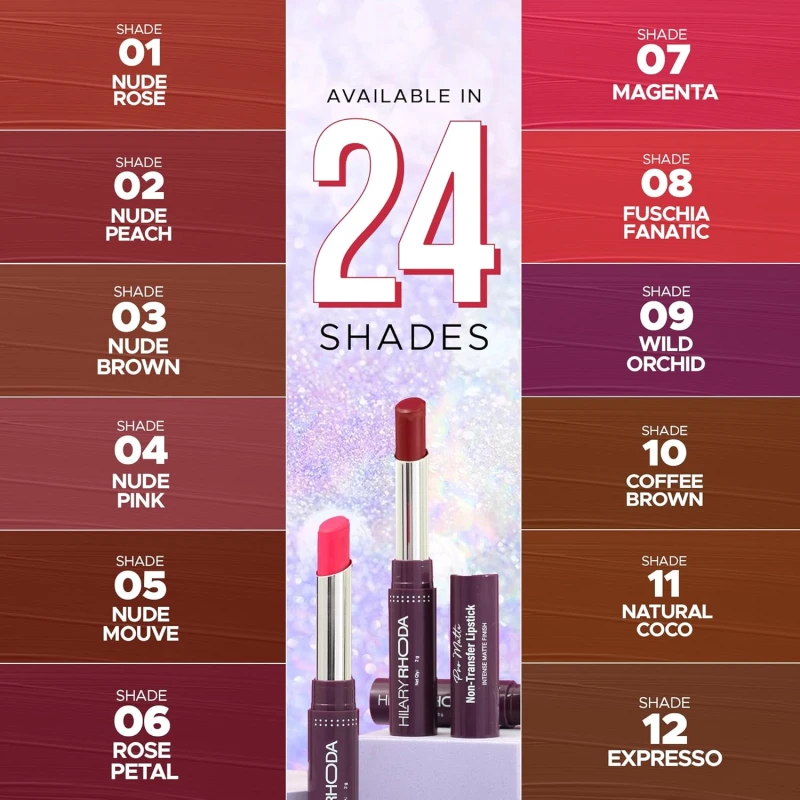 Hilary Rhoda Pro Matte Non-Transfer Lipstick | Waterproof &amp; Smudge-Proof | 12-Hour Long Stay | 24 Shades Available | Highly Pigmented Matte Finish Lipstick | 2g - (Hot Plum | Shade 22) thumbnail 14