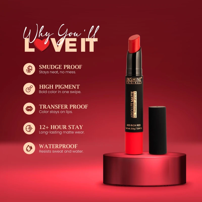 INSHINE ORIGINALS Absolute Matte Lipstick - Long-lasting, Transfer-resistant, Velvety Matte Finish with Intense Color, Up to 12 Hours Wear | Perfect for Sophisticated Lips - RICH MAROON thumbnail 2