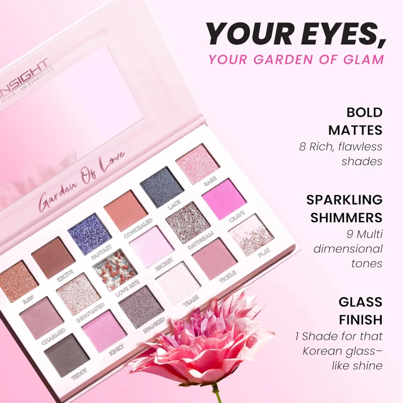 INSIGHT Garden of Love Eyeshadow Palette | 18 Pigmented Shades with Metallic, Shimmer &amp; Multi-Finish Colors | Long-Lasting, Blendable Eye Makeup for Day or Night | 40g - Thumbnail 5