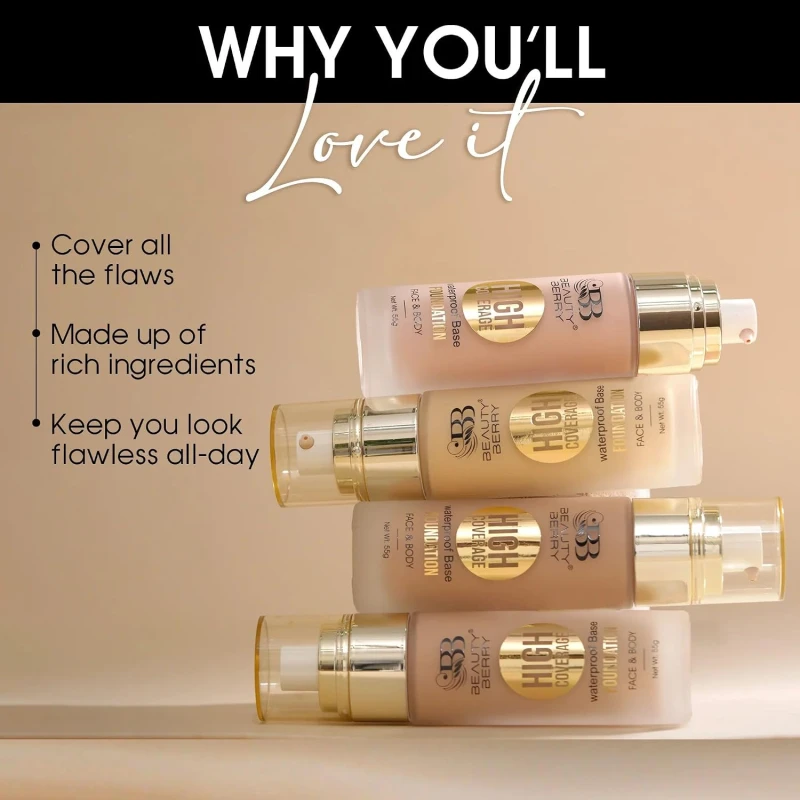 Premium High Coverage Foundation for Women – Waterproof Matte Liquid Base for Face &amp; Body | Full Coverage Long Lasting Makeup | Lightweight Blendable Professional Foundation 55g (Golden Sand) thumbnail 2