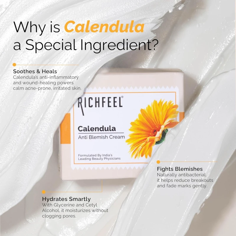Richfeel Calendula Anti Blemish Overnight Cream | Power of Soothing Calendula &amp; Clinically Potent Echinacea | For Skin prone to Acne, Blemishes &amp; Scars | Physician Formulated 50g – Pack of 2 - Thumbnail 5