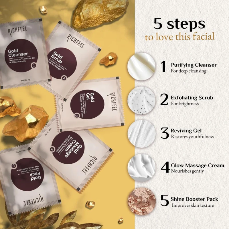 Richfeel Gold Facial Kit | Bright &amp; Glowing Skin | Parlour Like Instant Glow With The Goodness Of Gold Foils| 30 g thumbnail 5