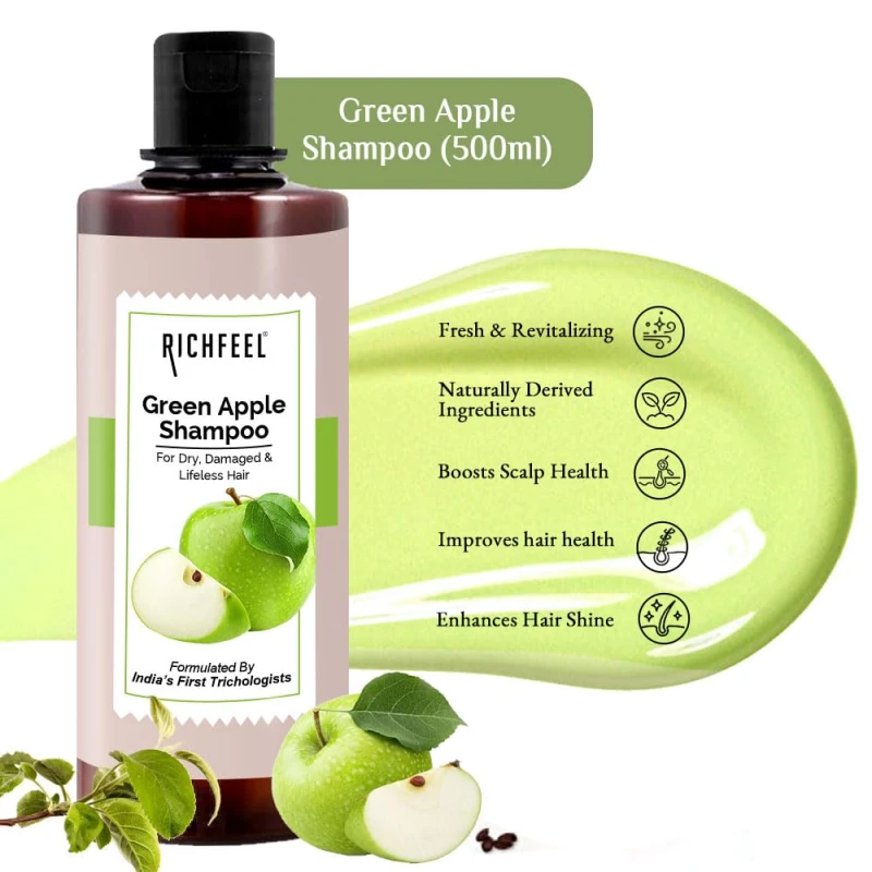 Richfeel Green Apple Shampoo For Dry &amp; Damaged Hair | Anti Dandruff | Promotes Healthy, Shiny and Glossy Hair | Nourishes Scalp | Makes Hair Soft &amp; Smooth | All Skin Types | 500 ml - Thumbnail 12