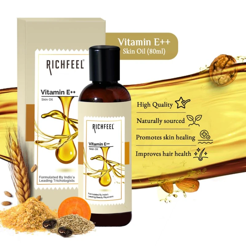 Richfeel Vitamin E Oil | Blend of Almond, Wheatgerm, Walnut &amp; Carrot Oils | Physician Formulated | Antioxidant | Fight Dullness, Damage &amp; Ageing of Skin | Anti-Stretch Marks and Scars | 80 ML thumbnail 4