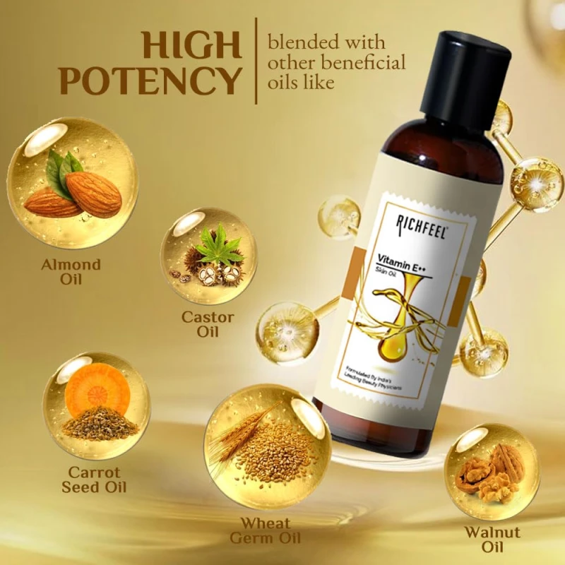 Richfeel Vitamin E Oil | Blend of Almond, Wheatgerm, Walnut &amp; Carrot Oils | Physician Formulated | Antioxidant | Fight Dullness, Damage &amp; Ageing of Skin | Anti-Stretch Marks and Scars | 80 ML thumbnail 5